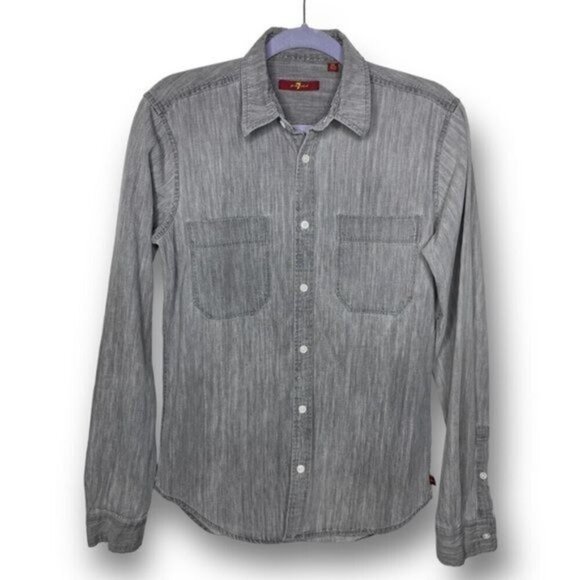 7 for All Mankind Mens Size XS Marled Distressed Gray Casual Button Down Shirt - Picture 1 of 11